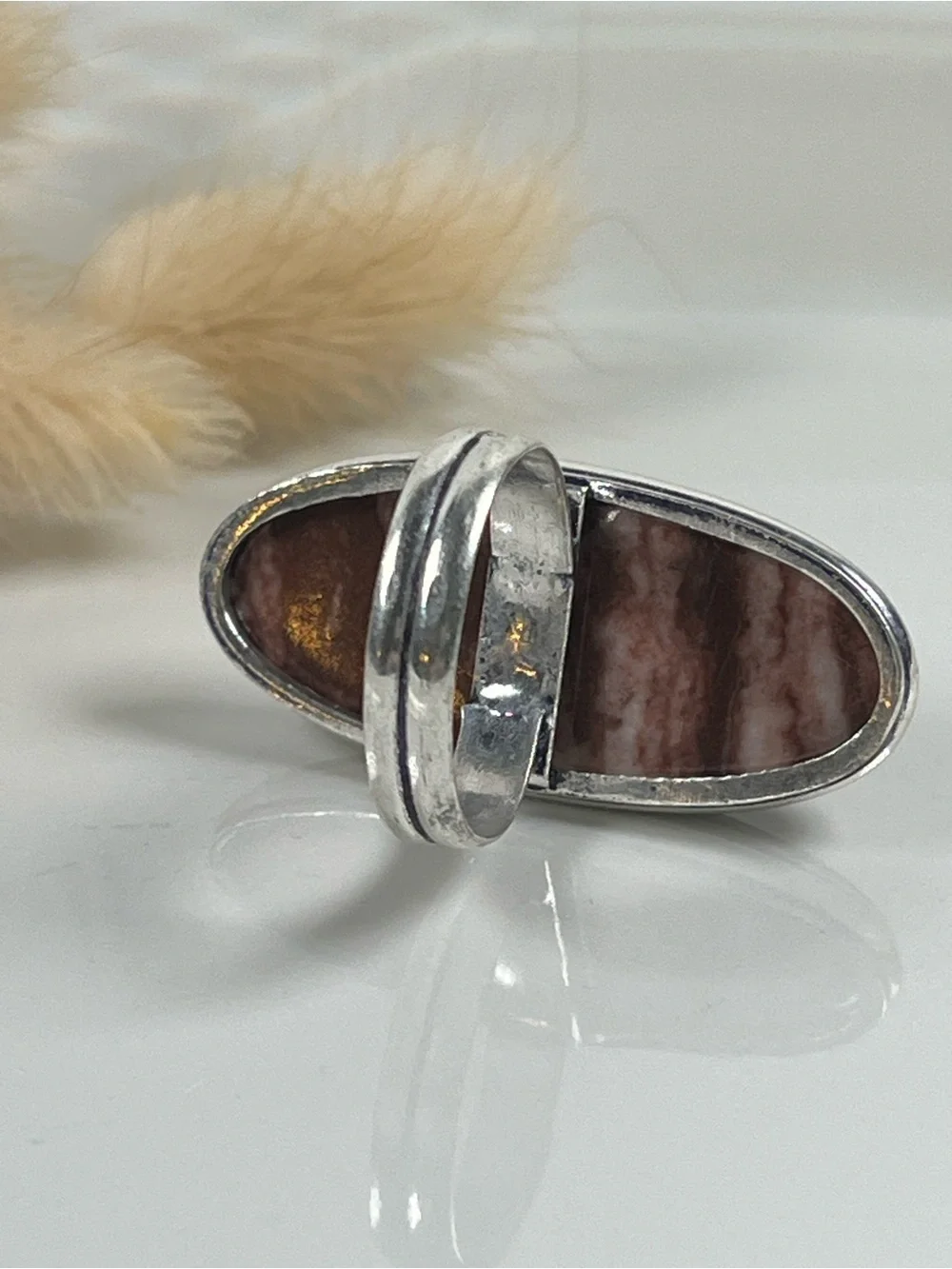 925 Sterling Silver Overlay Coconut Jasper Gemstone Size 7.5